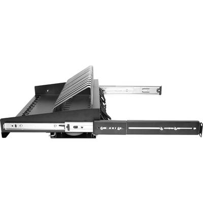 Ausziehbare Schublade für 19-Zoll-Rack, seitlich angezeigt, mit mehreren Halterungen zur Kabelorganisation, vollständig ausgezogen.