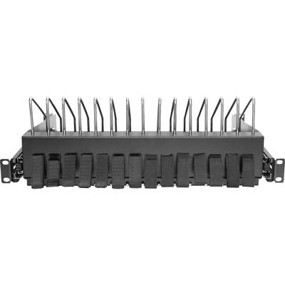 Ein schwarzer Kabelmanagement-Rack-Halter mit vertikalen Metallbügeln und Klettbändern, geeignet für Serverräume oder Netzwerkschränke.