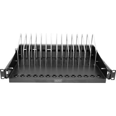 Organizer für 19-Zoll-Rack, schwarz, mit Metallteilen für Kabelmanagement. Ideal zur ordentlichen Aufbewahrung von Kabeln oder Geräten.