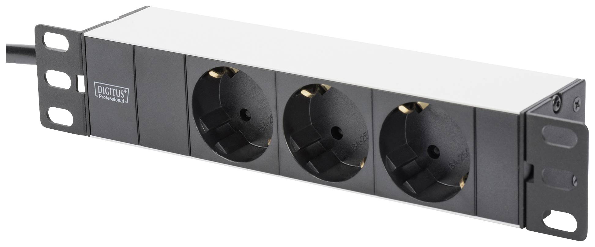 Mehrfachsteckdose mit drei schwarzen Steckplätzen und Metallrahmen, geeignet für die Montage in Server-Racks oder Regalen.
