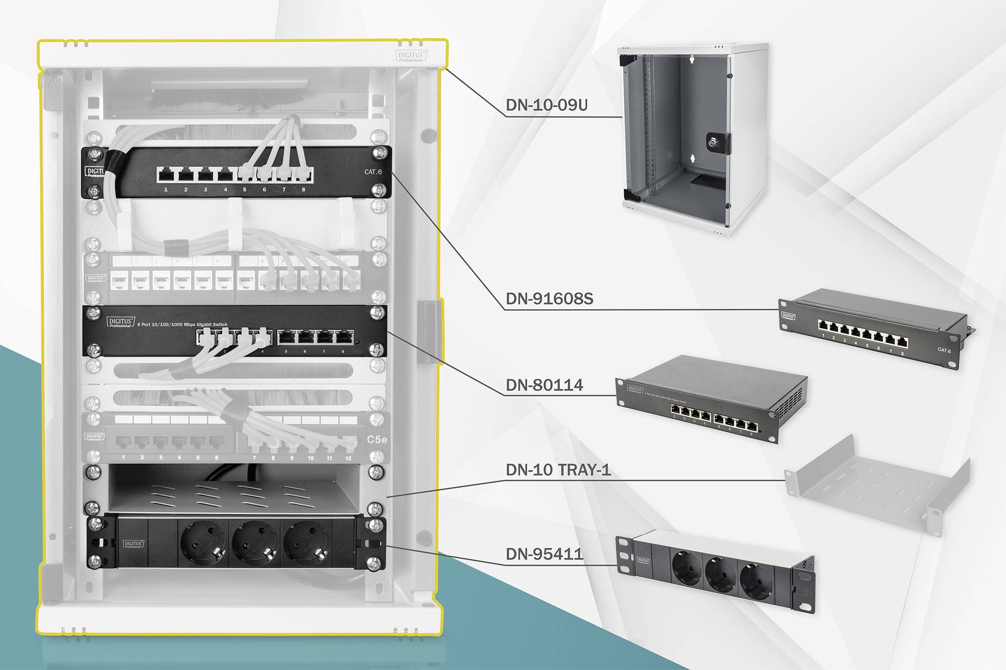 'Bild einer Netzwerkausrüstungseinheit mit mehreren Komponenten: Verkabelung, Anschlüsse und Stromversorgung. Modelle: DN-10-09U, DN-91608S, DN-80114, Tray-1, DN-95411. Dient zur Organisation und Verwaltung von Netzwerkkabeln und Anschlüssen.'