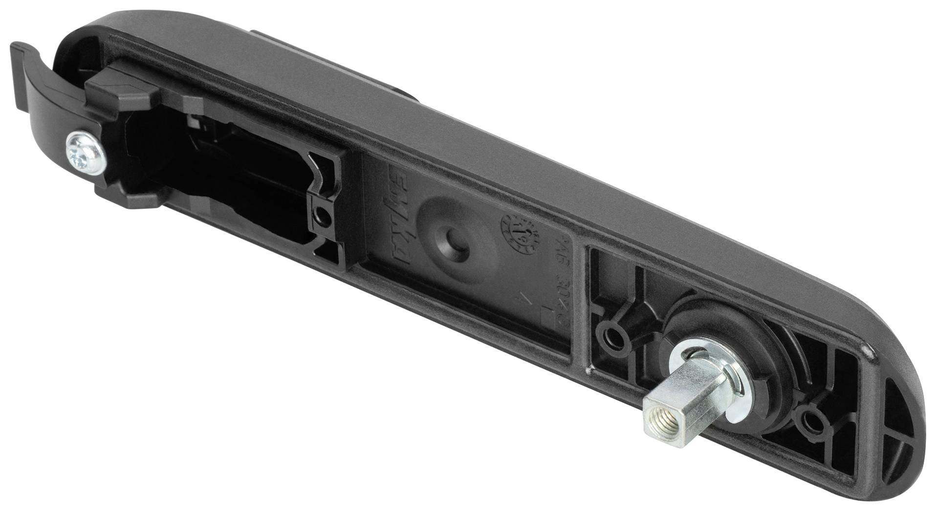 Schwarzer Türgriff aus Kunststoff mit Metallgewinde an einem Ende. Verwendet für Fahrzeuge zur Montage und Funktionalität.