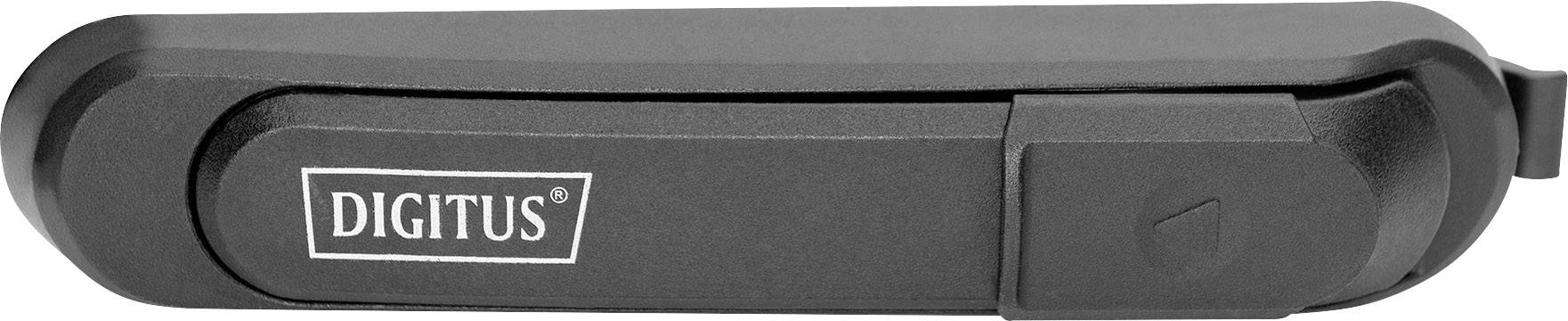 Schwarzer Digitus USB-Stick mit Logo in der Mitte, kompakt und geschlossen, auf einem weißen Hintergrund.