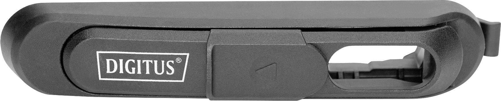 Schwarzer Schlüsselschalter von der Seite, mit eingeschobenem Plastikschiebegriff. Aufschrift 'Digitus'.