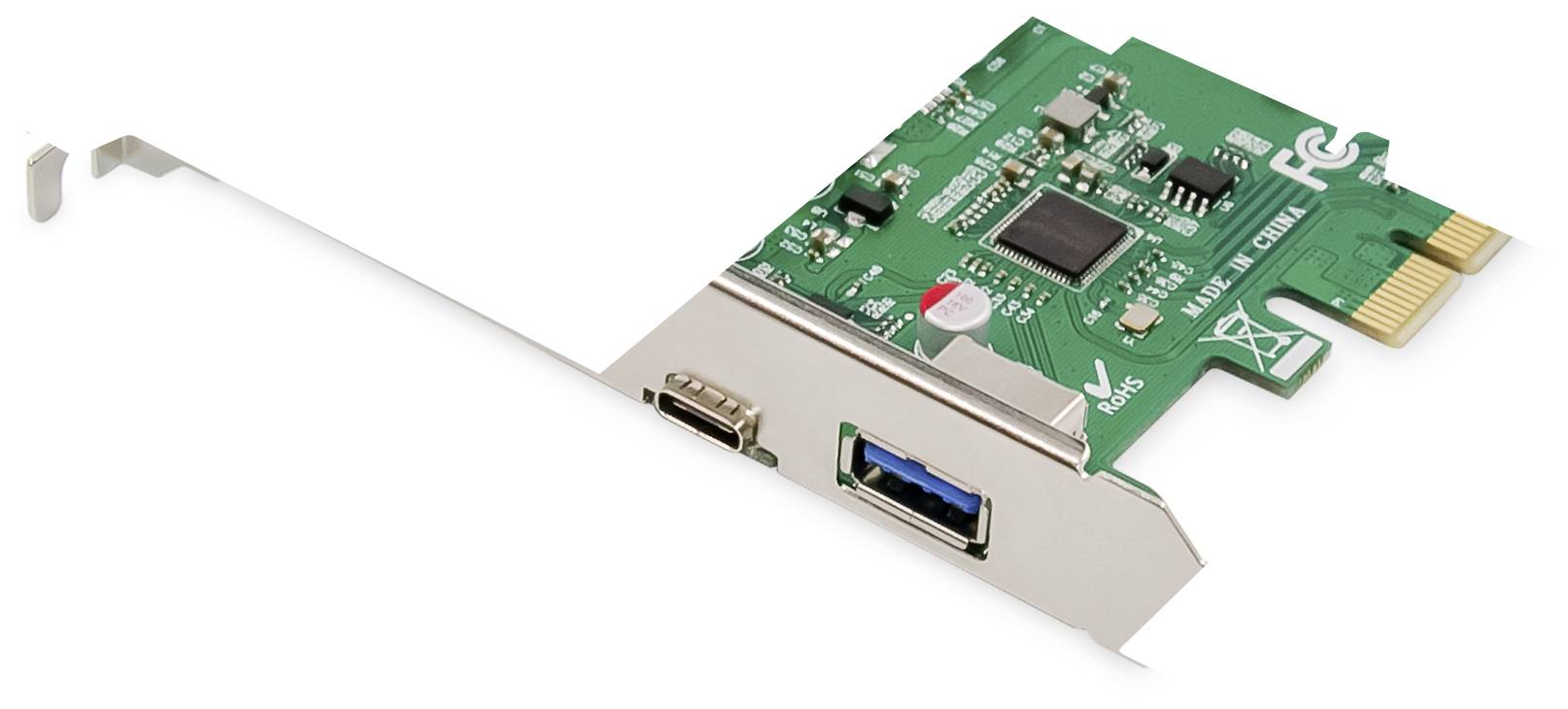 'Eine grüne PCIe-Erweiterungskarte mit zwei USB 3.0-Anschlüssen, montiert auf einer Metallhalterung, geeignet für Computererweiterung.'