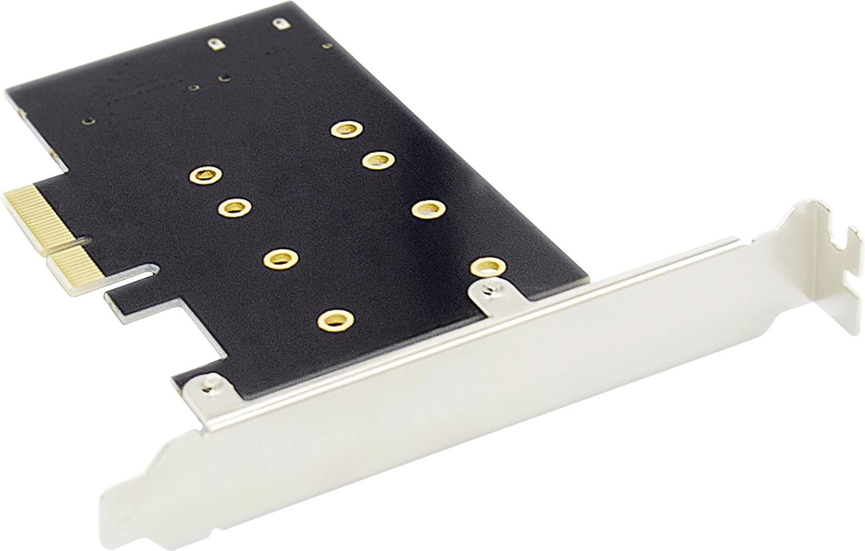 PCIe-Erweiterungskarte mit schwarzer Oberfläche und goldenen Anschlüssen, verwendet für zusätzliche Hardwareverbindungen in Computern.