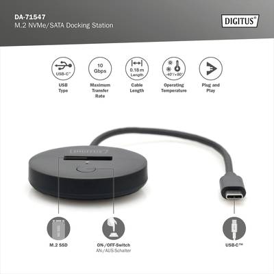 Dockingstation von Digitus, Modell DA-71547, für M.2 NVMe/SATA. Mit USB-C, unterstützt 10 Gbps, Plug-and-Play, maximale Übertragungsrate.
