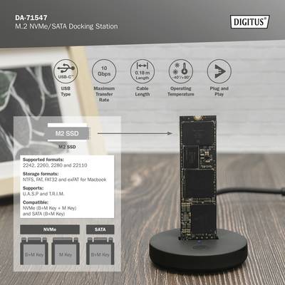 Die Abbildung zeigt eine M.2 NVMe/SATA Dockingstation mit einem M.2 SSD-Modul auf einem runden Standfuß. Text erklärt Kompatibilität und Spezifikationen der Station.