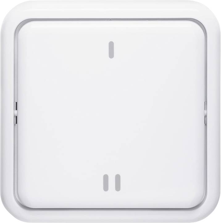 Ein weißer, rechteckiger Lichtschalter mit abgerundeten Ecken und zwei vertikalen Markierungen, einer hellgrauen Umrandung.