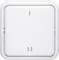 Ein weißer, rechteckiger Lichtschalter mit abgerundeten Ecken und zwei vertikalen Markierungen, einer hellgrauen Umrandung.