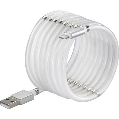 Ein weißes, aufgerolltes USB-Ladekabel mit einem USB-A-Stecker an einem Ende und einem anderen Steckertyp am anderen Ende.