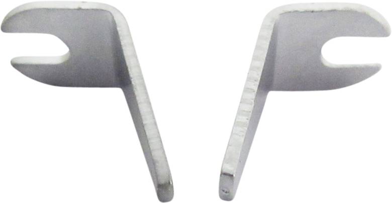 Zwei silberfarbene Metallhaken liegen nebeneinander. Sie haben eine L-Form mit einer U-förmigen Kerbe an einem Ende.