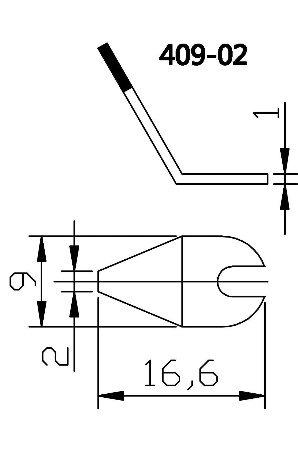 Technische Zeichnung eines Bauteils mit Biegung und spezifischen Maßen: Länge 16,6 mm, Breite 6 mm, Kennzeichnung '409-02'.