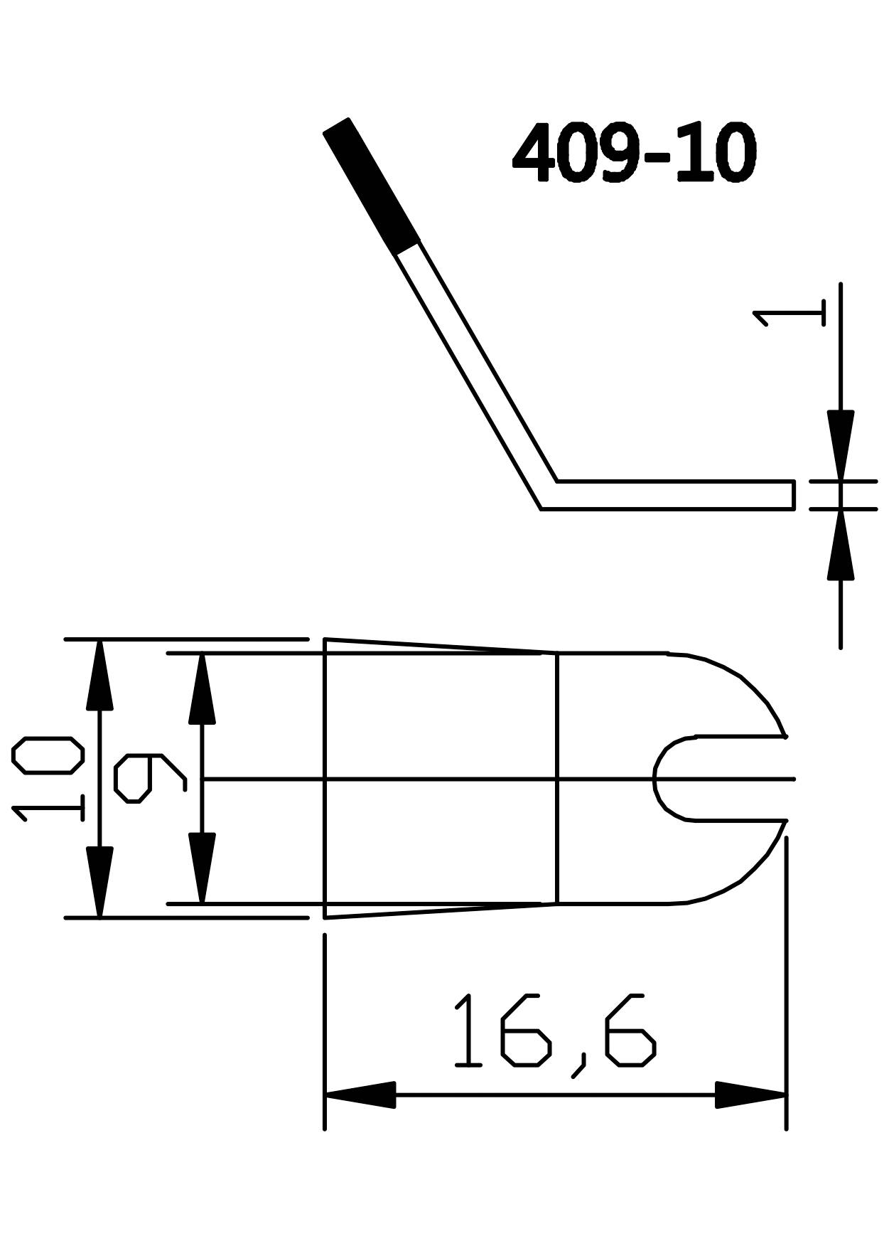 Technische Zeichnung eines Werkstücks mit den Maßen: Länge 16,6 und Durchmesser 10. Eine abgeschrägte Kante ist mit '409-10' markiert.