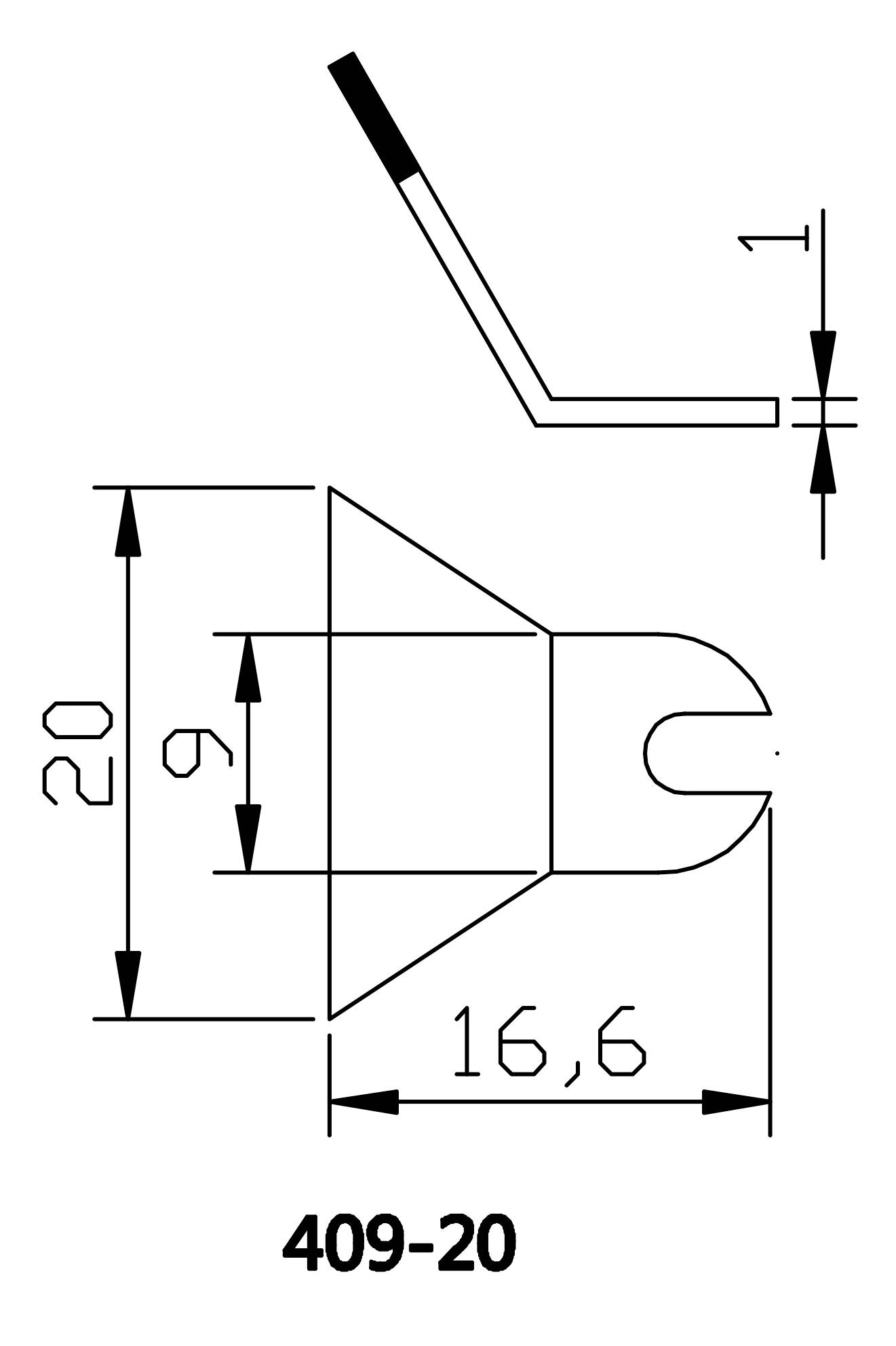 Technische Zeichnung eines Bauteils mit Abmessungen: Länge 16,6 mm, Breite 20 mm, Höhe 9 mm. Enthält Bemaßungen und Winkel.
