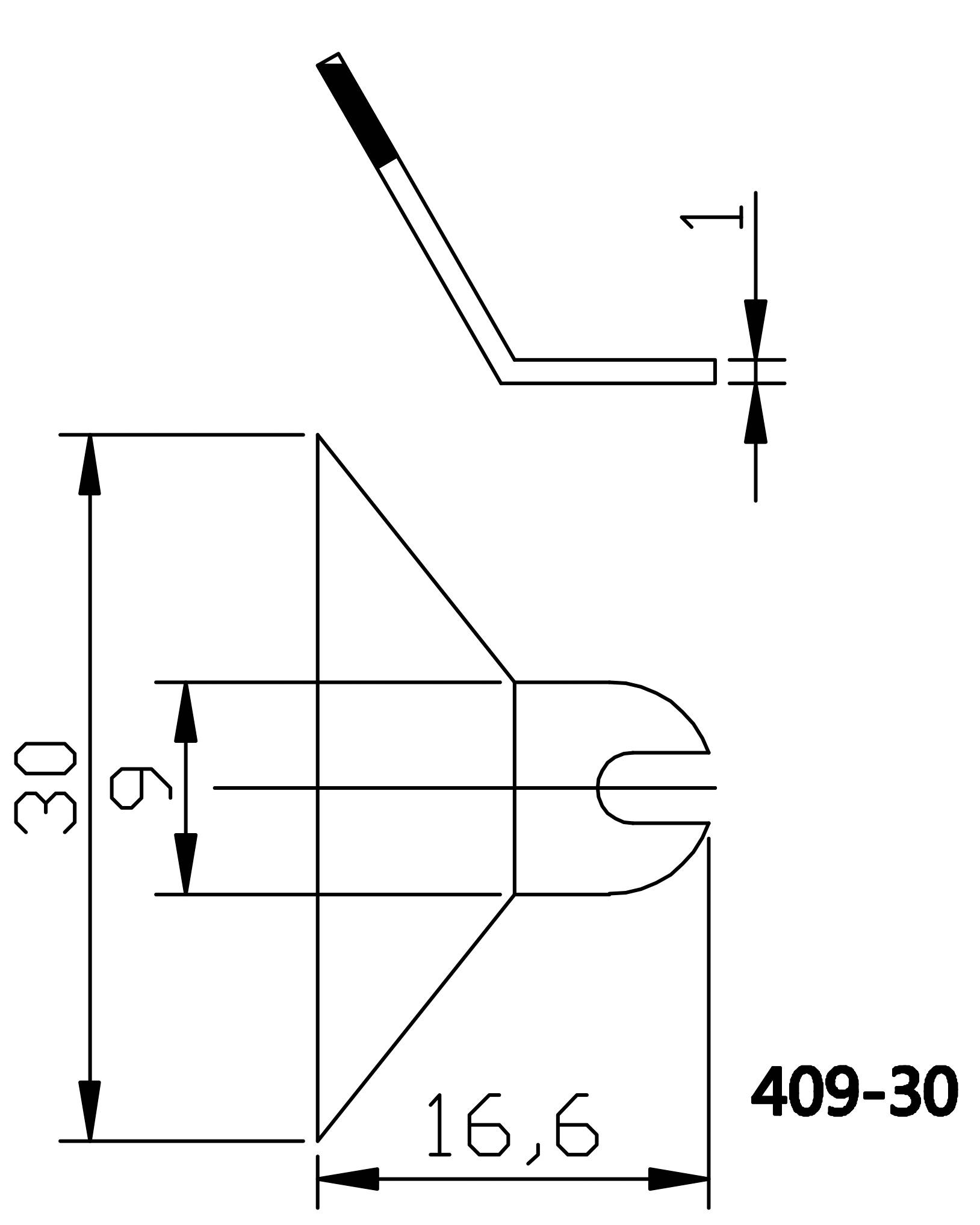 Technische Zeichnung eines metallischen Winkels mit Maßen: 30 mm Gesamthöhe, 9 mm Innendurchmesser, 16,6 mm Breite.