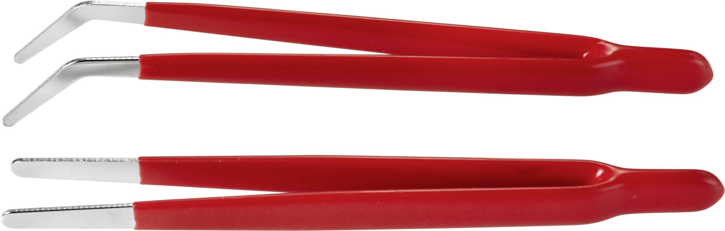 Zwei rote Pinzetten mit abgewinkelten Spitzen, übereinanderliegend.