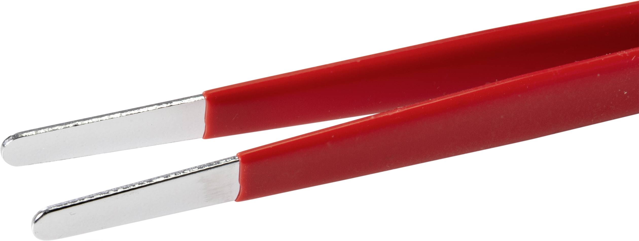 Rote Pinzette mit metallischen Spitzen zum präzisen Greifen von kleinen Objekten oder Haaren.