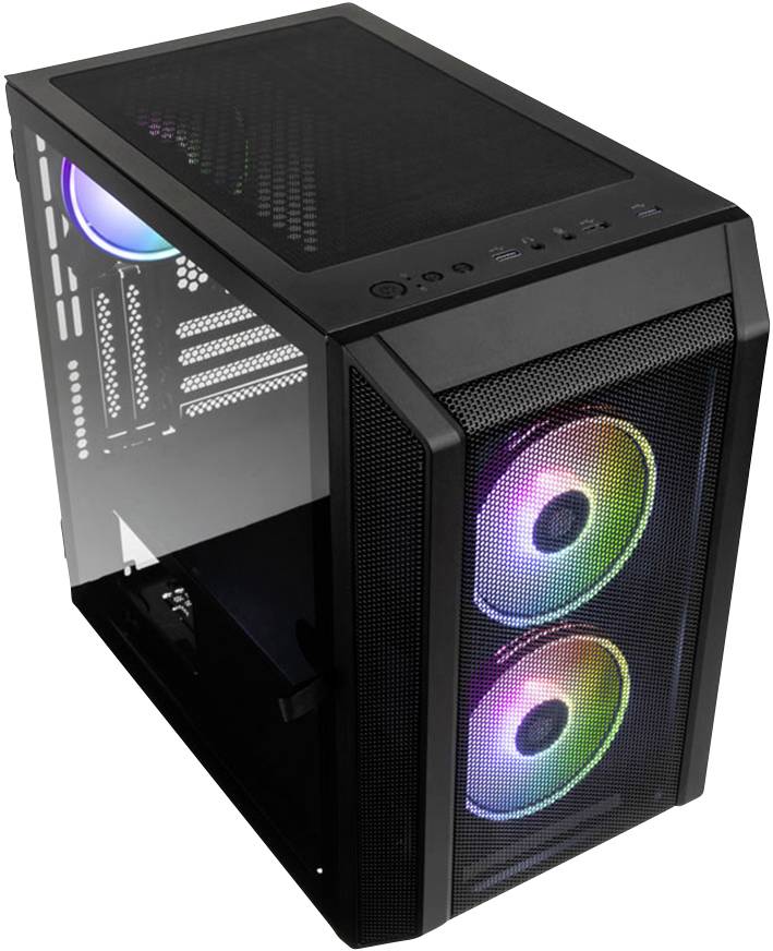 Schwarzes PC-Gehäuse mit zwei sichtbar leuchtenden RGB-Lüftern an der Front, teilweise durchsichtiges Seitenpanel.