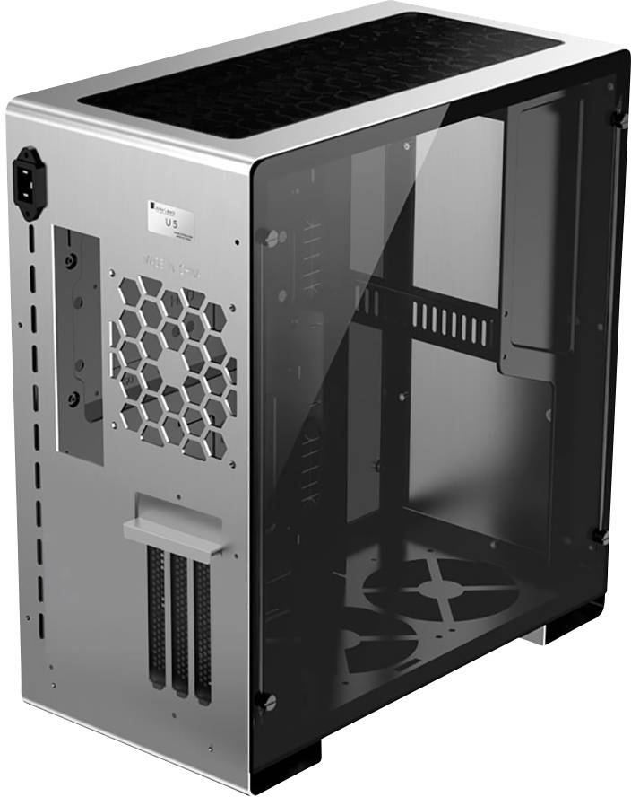 Ein leerer, silberfarbener Computergehäuse-Tower mit transparentem Seitenpanel und sechseckigem Lüftungsgitter.