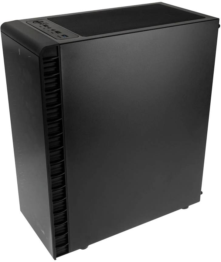 Ein schwarzes Computergehäuse, hoch und rechteckig, mit seitlichen Belüftungsöffnungen und Bedienelementen an der Oberseite.