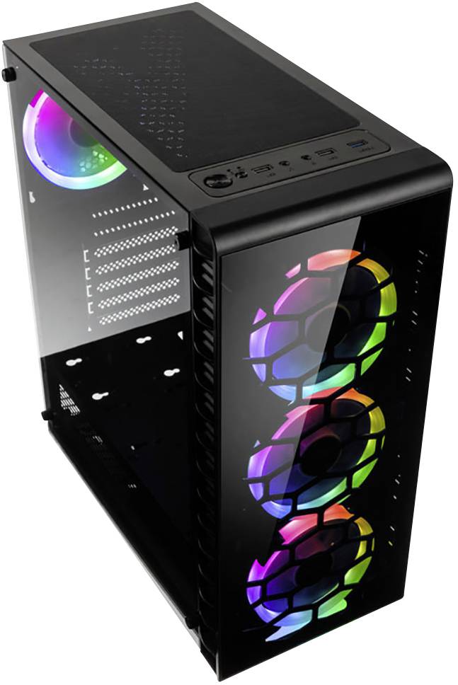 Schwarzes PC-Gehäuse mit transparentem Seitenpanel und drei großen, leuchtenden Lüftern in verschiedenen Farben an der Vorderseite.