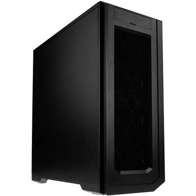 Schwarzes Computergehäuse mit großem Frontgitter zur besseren Belüftung. Modernes Design ohne sichtbare Markenkennzeichnung.