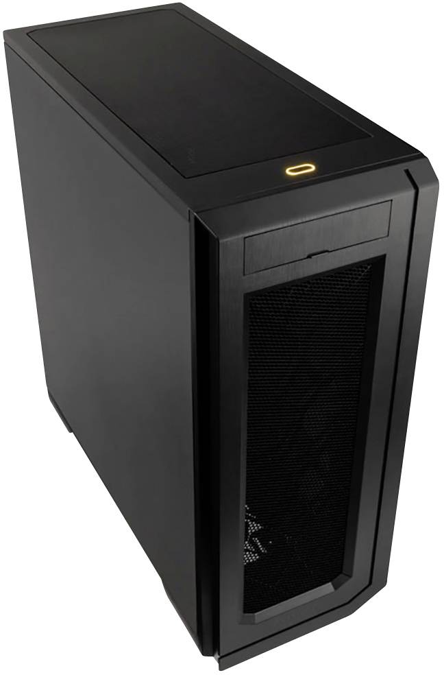 Schwarzes Computergehäuse mit beleuchtetem Einschaltsymbol oben, Vorderseite mit Mesh-Design für Luftzirkulation.