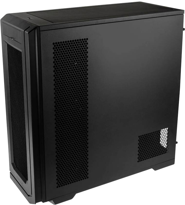 Ein schwarzes Computergehäuse mit Lüftungsgittern an den Seiten und der Vorderseite. Es steht aufrecht auf einer ebenen Fläche.