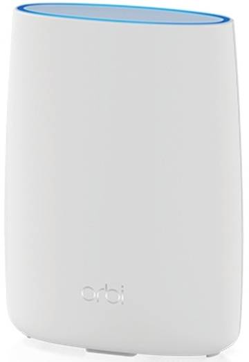 Ein weißer, ovaler WLAN-Router mit blauem Licht an der Oberseite und dem Schriftzug 'orbi' auf der Vorderseite.