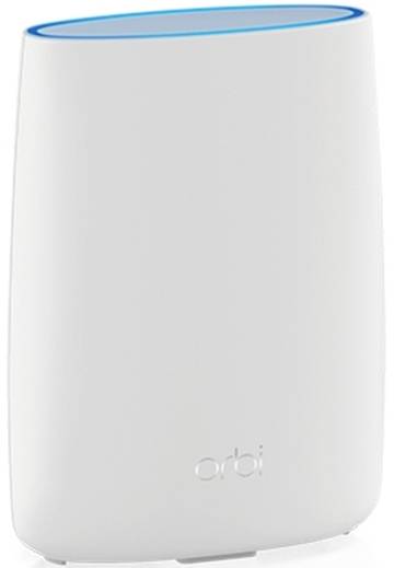 'Netzwerk-Router, zylindrische Form, weiß mit blauem Rand oben, Marke Orbi.'