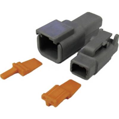 Ein grauer Steckverbinder mit zwei orangenen Clips. Der Steckverbinder besteht aus zwei Teilen, die zusammengesteckt werden können.