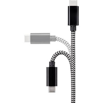 USB-C-Kabel mit schwarz-weiß gemustertem Geflecht, zeigt Stecker an beiden Enden.
