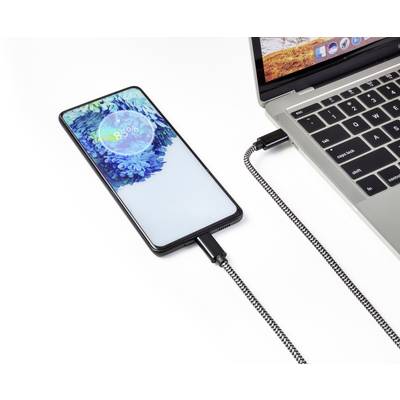 'Smartphone wird über USB-Kabel mit einem Laptop aufgeladen. Bildschirm zeigt 85% Ladezustand.'