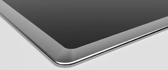 Ecke eines Tablet-Bildschirms mit Metallrahmen und glänzender schwarzer Oberfläche, zeigt modernes technisches Design.