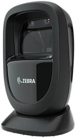 Ein schwarzer Scanner mit der Aufschrift 'Zebra', steht aufrecht, geeignet zum Scannen von Barcodes und RFID-Tags.