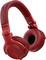 Rote Over-Ear-Kopfhörer mit verstellbarem Kopfband und gepolsterten Ohrmuscheln, geeignet für Musik hören oder DJ-Einsatz.