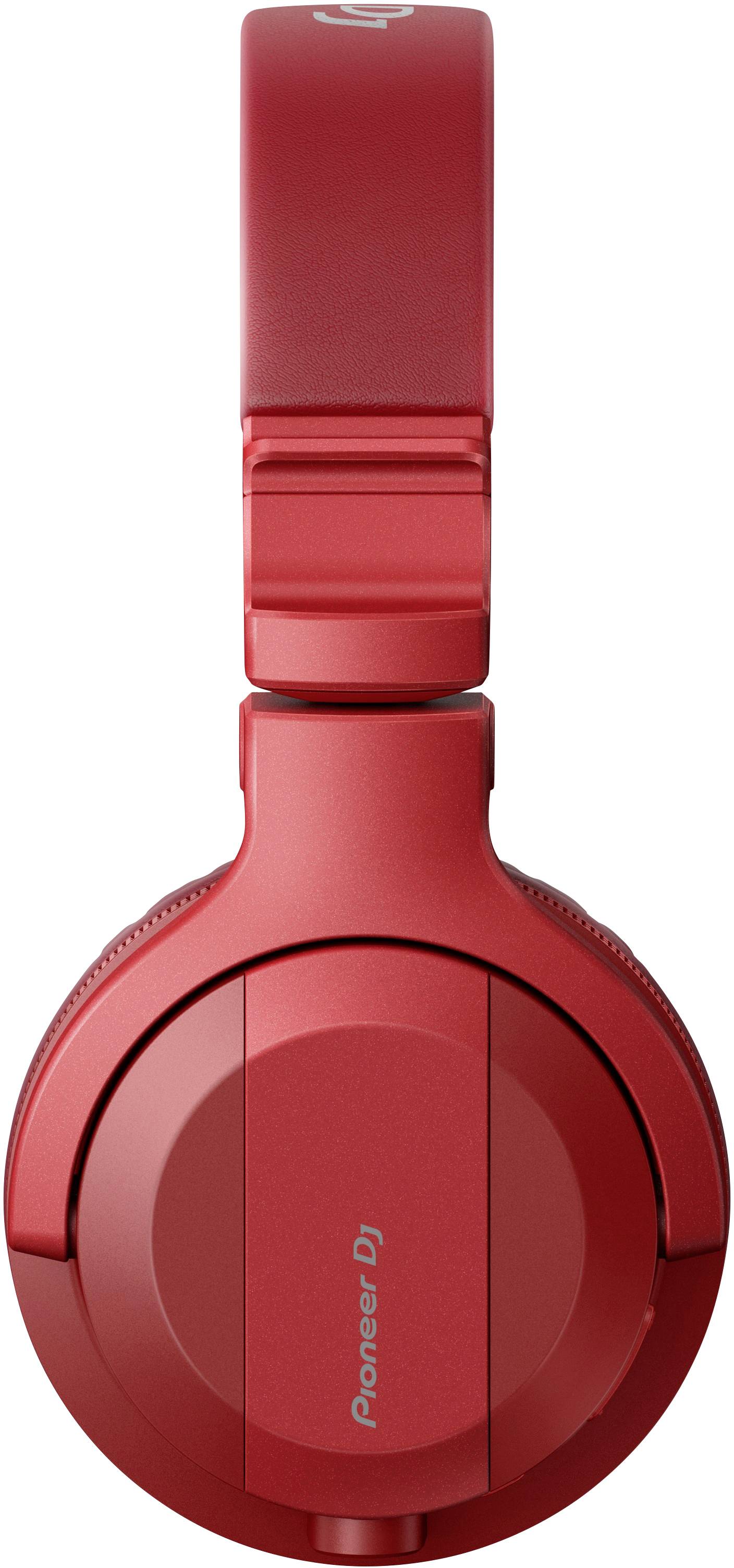 Rote DJ-Kopfhörer von oben, zusammengeklappt, mit 'Pioneer DJ'-Aufschrift auf der Ohrmuschel. Ideal für professionelles DJing.