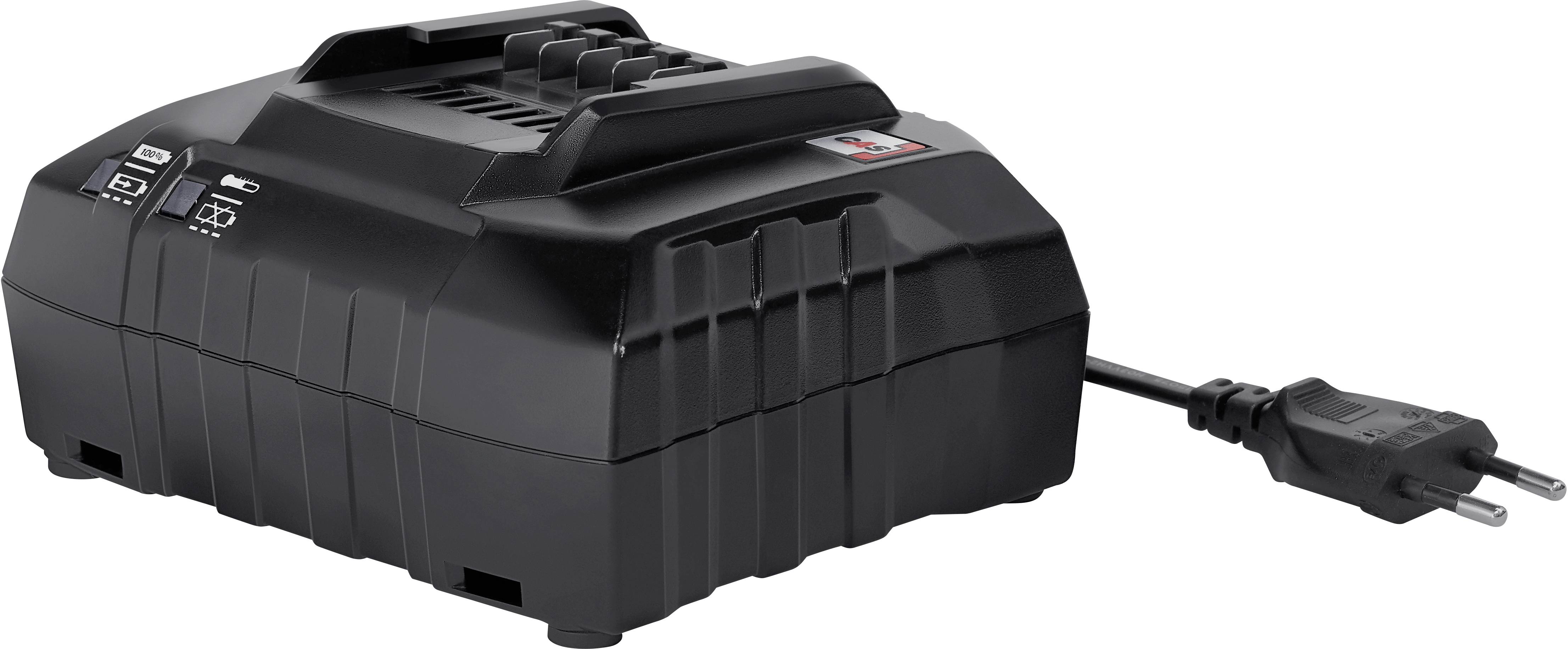 Ladegerät für Elektrowerkzeuge mit Netzstecker, schwarz.