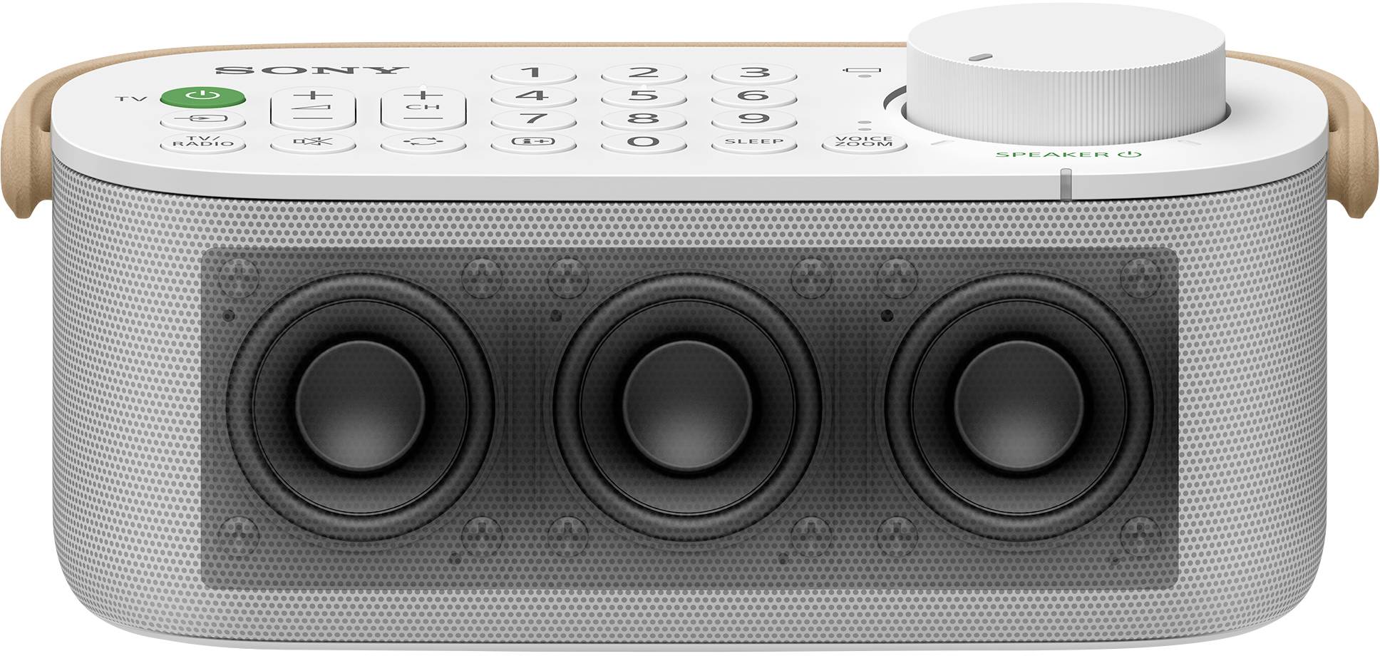 Ein tragbares Audiosystem mit Lautsprechern und Bedientasten oben. Enthält Zahlen und Funktionsknöpfe.