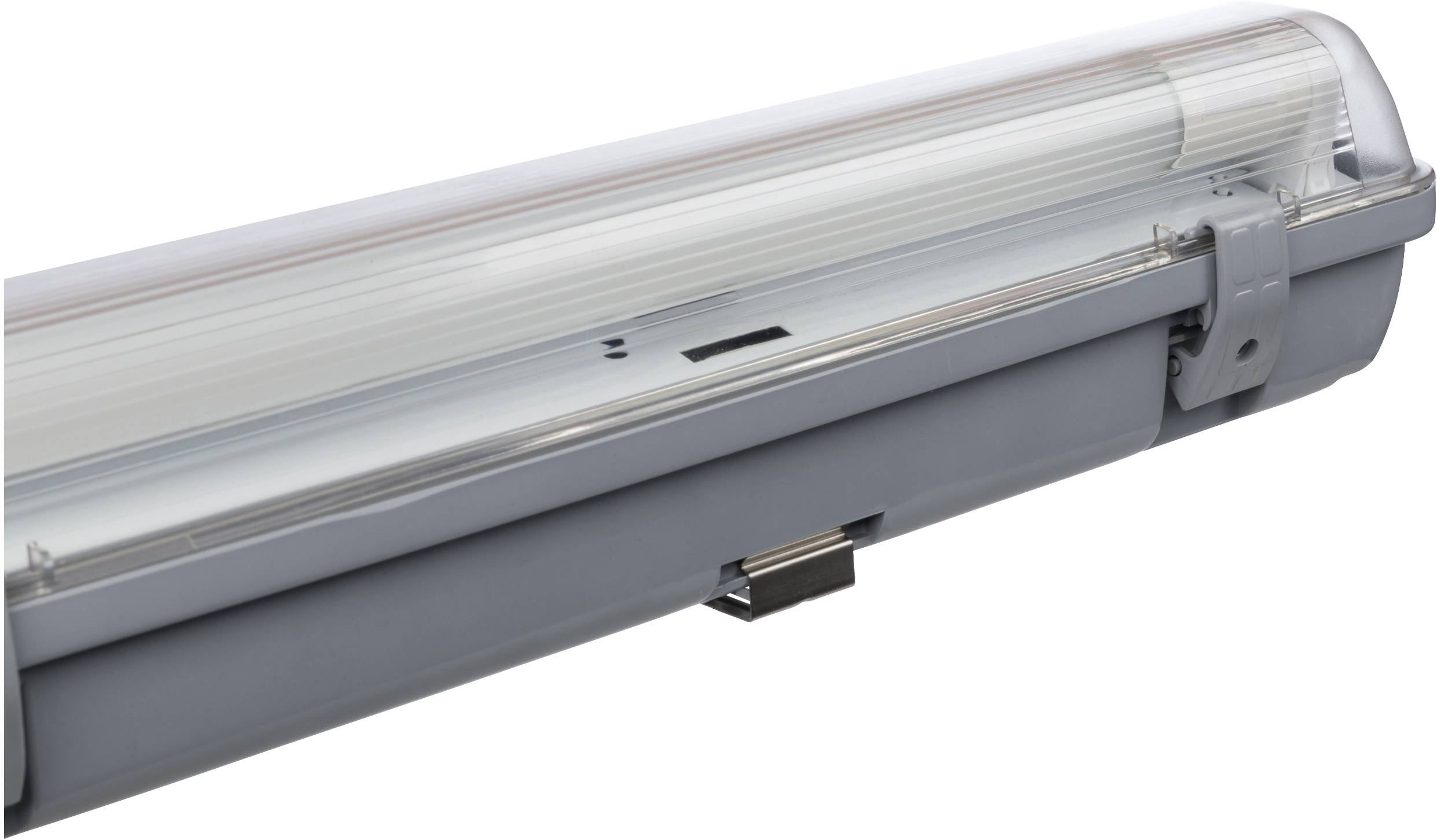 Eine graue LED-Lichtleiste in einem transparenten Gehäuse, geeignet für industrielle oder gewerbliche Anwendungen in Innenbereichen.