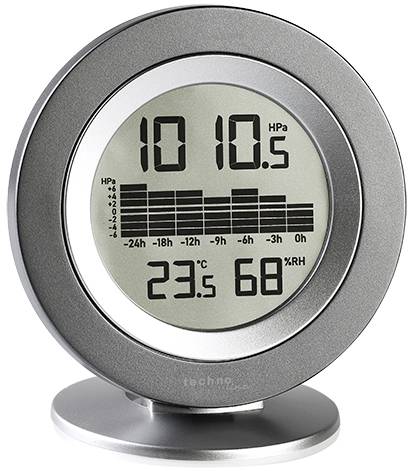 Eine silberne digitale Wetterstation zeigt Uhrzeit, Luftdruck, Temperatur und Luftfeuchtigkeit in einem runden Display an.
