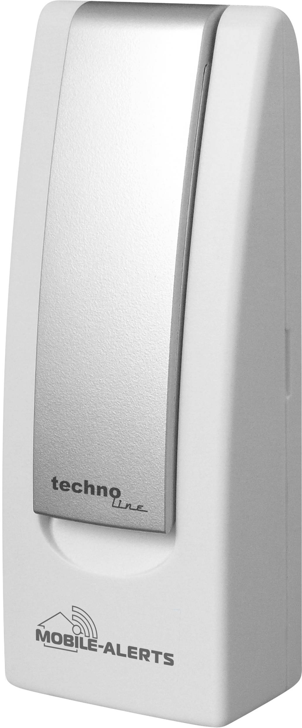 Ein weißer, vertikaler Wettersensor mit der Aufschrift 'techno line' und 'MOBILE-ALERTS', geeignet zur Überwachung von Außentemperaturen.