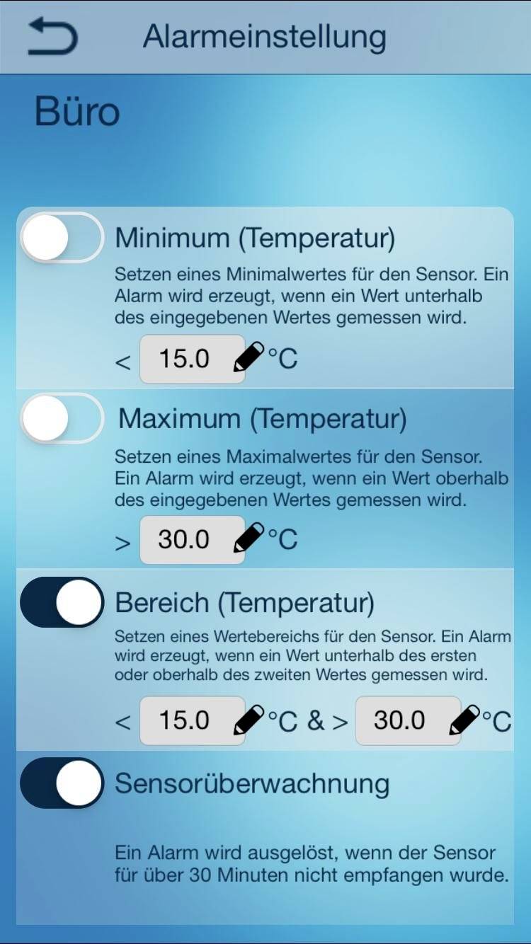 Bild eines Alarminstallation-Bildschirms für Temperaturüberwachung. Einstellungen für minimale, maximale und Bereichstemperatur sichtbar.