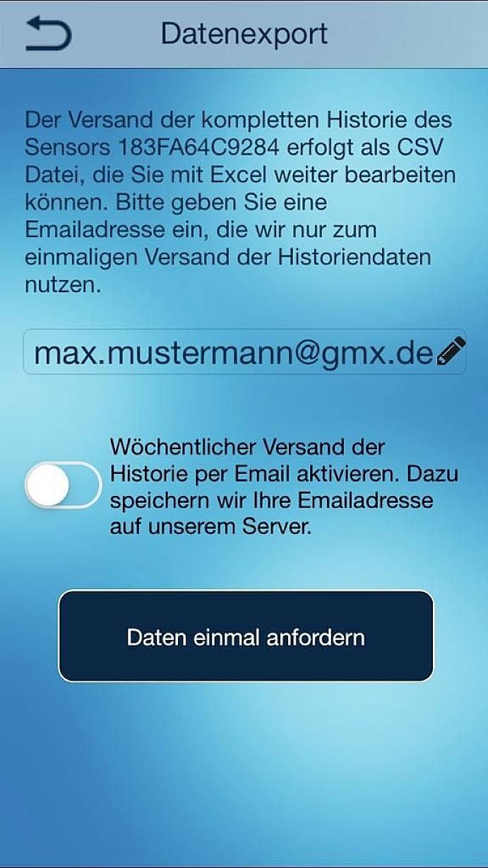 'Datenexport'-Bildschirm zeigt Optionen für CSV-Export und wöchentlichen Versand von Sensordaten. Eingabefeld für E-Mail und Schaltfläche 'Daten einmal anfordern'.