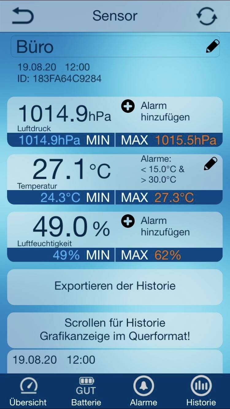 Bildschirm zeigt Luftdruck 1014.9 hPa, Temperatur 27.1°C, Luftfeuchtigkeit 49%. Warnungen bei Maximalwerten. Optionen: Historie exportieren.