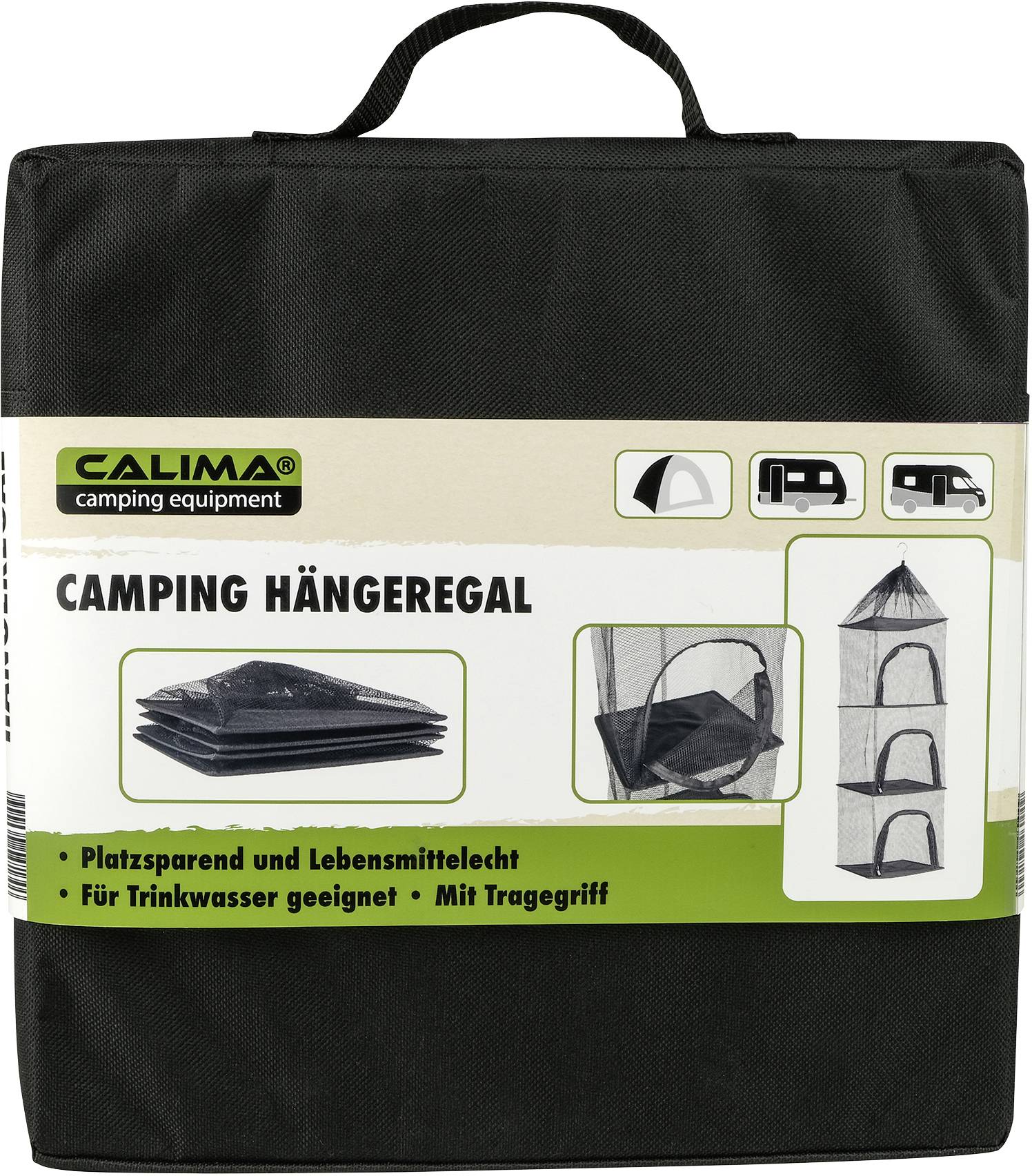 Camping-Hängeregal von Calima, platzsparend und lebensmittelecht. Geeignet für Trinkwasser. Mit Traggriff. Abbildungen von Zelt und Wohnmobil.