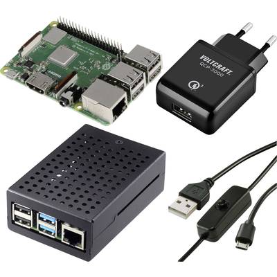 Raspberry Pi-Mikrocomputer, USB-Ladegerät, schwarzes Gehäuse und USB-Kabel mit Schalter. Elektronik-Bauteile für Computerprojekte.