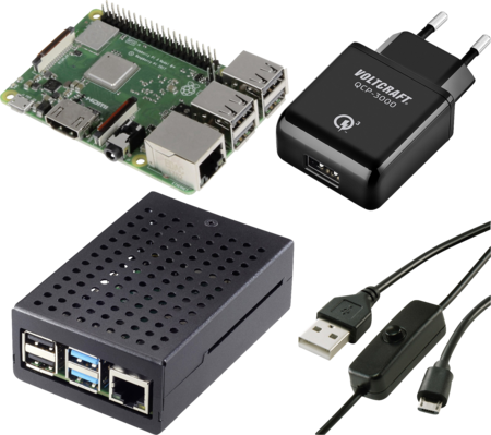Auf diesem Bild sieht man den Raspberry Pi 3B+ mit einem Netzteil und den dazugehörigen Kabeln..