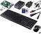 Raspberry Pi Kit mit Zubehör: Platine, Gehäuse, Netzteil, HDMI-Kabel, Ethernet-Kabel, microSD-Karte, schwarze Tastatur und Maus.